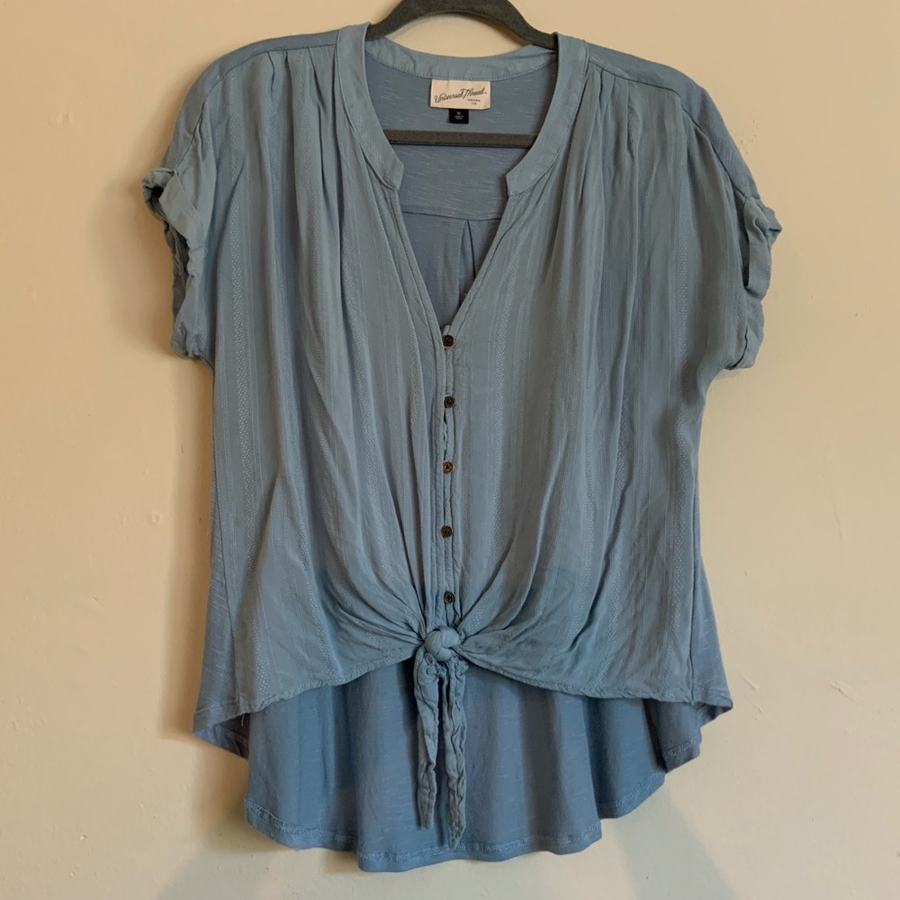 Tie-Front Button Up Warm Blue High Low Top